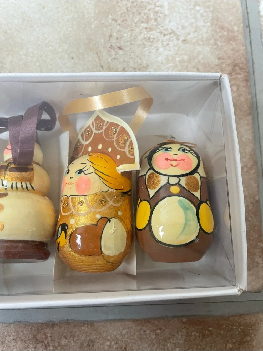 Russian Dolls Hanging Decoration Holiday Ornament - Brown & Gold 6cm (Set of 7)